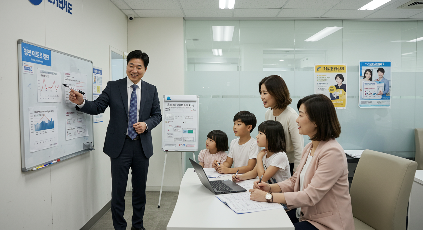 은행 사무실에서 대출 옵션을 설명하는 금융 상담사와 가족