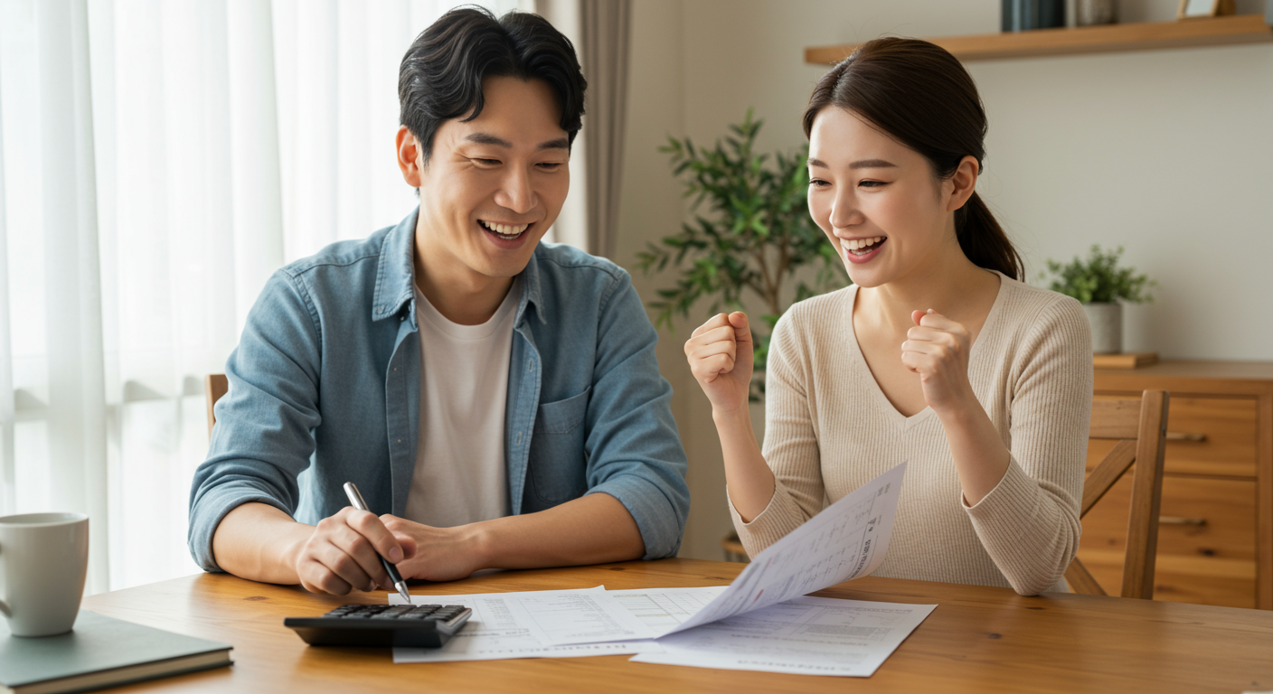 집에서 계산기와 예산표를 놓고 재정 계획을 논의하는 커플