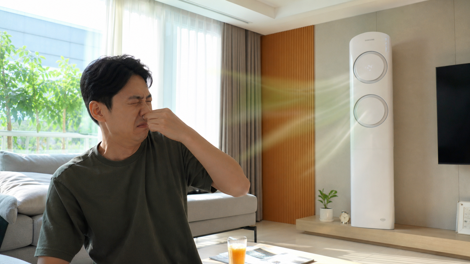 현대적인 거실에서 에어컨을 켜자 불쾌한 냄새가 나는 모습