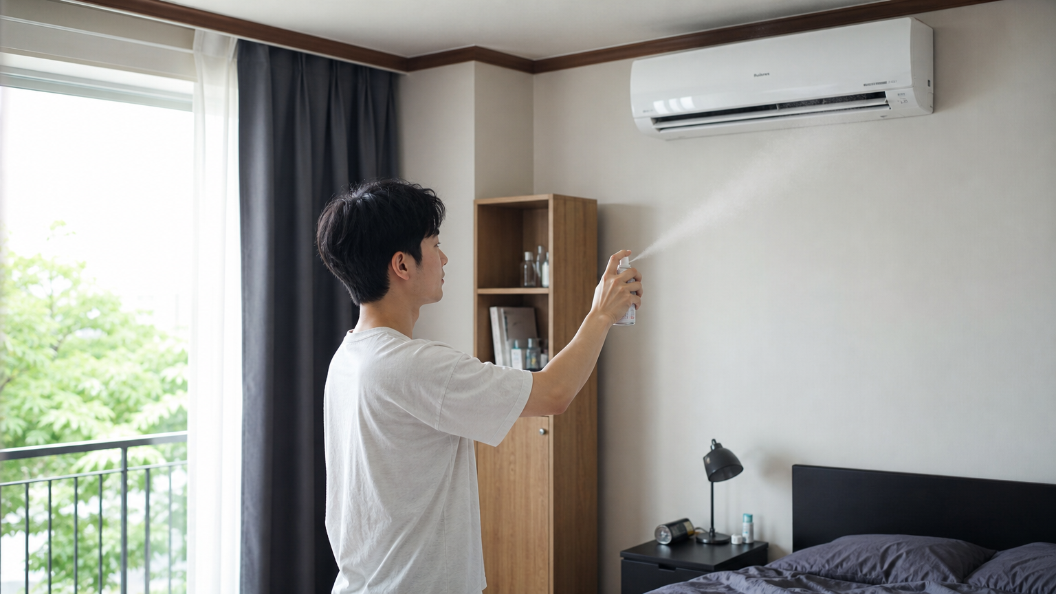 환기된 방 안에서 설명서를 참고하며 탈취제를 사용하는 장면