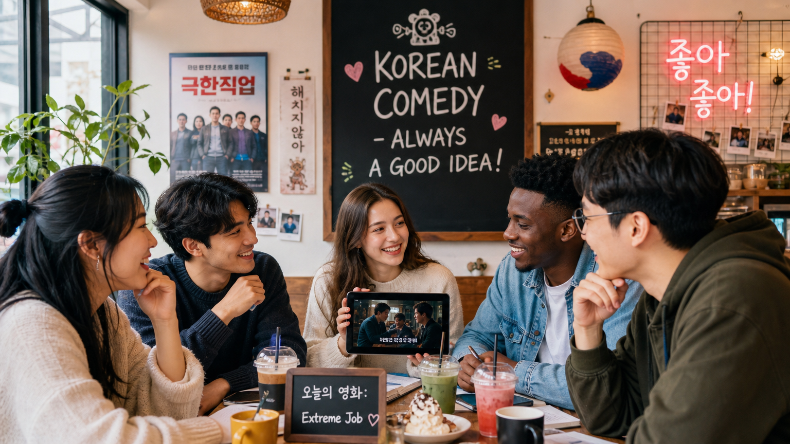 국제 학생들이 카페에서 한국 코미디 영화를 토론하는 모습