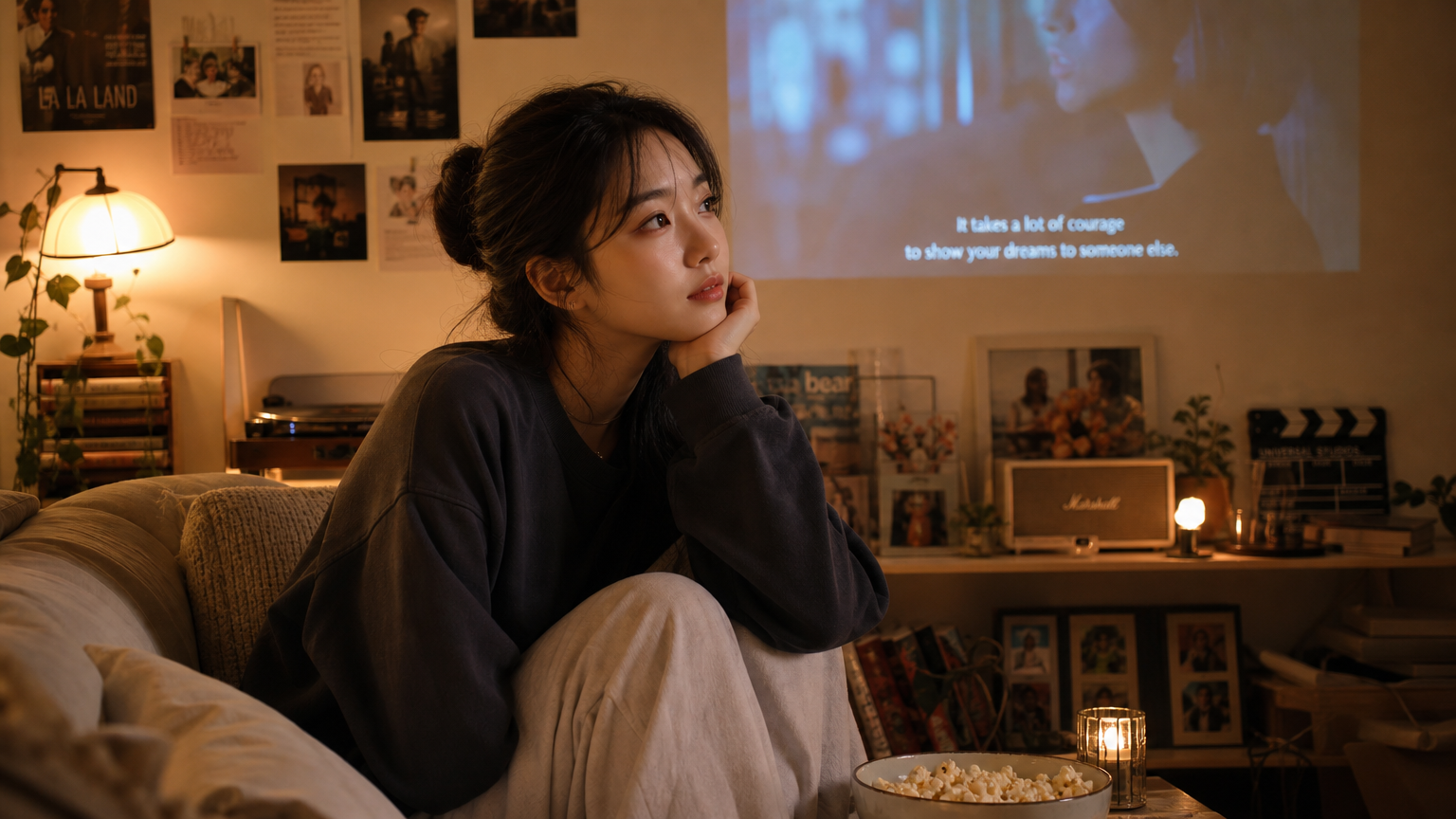 감동적인 영화를 보고 생각에 잠긴 여성의 모습