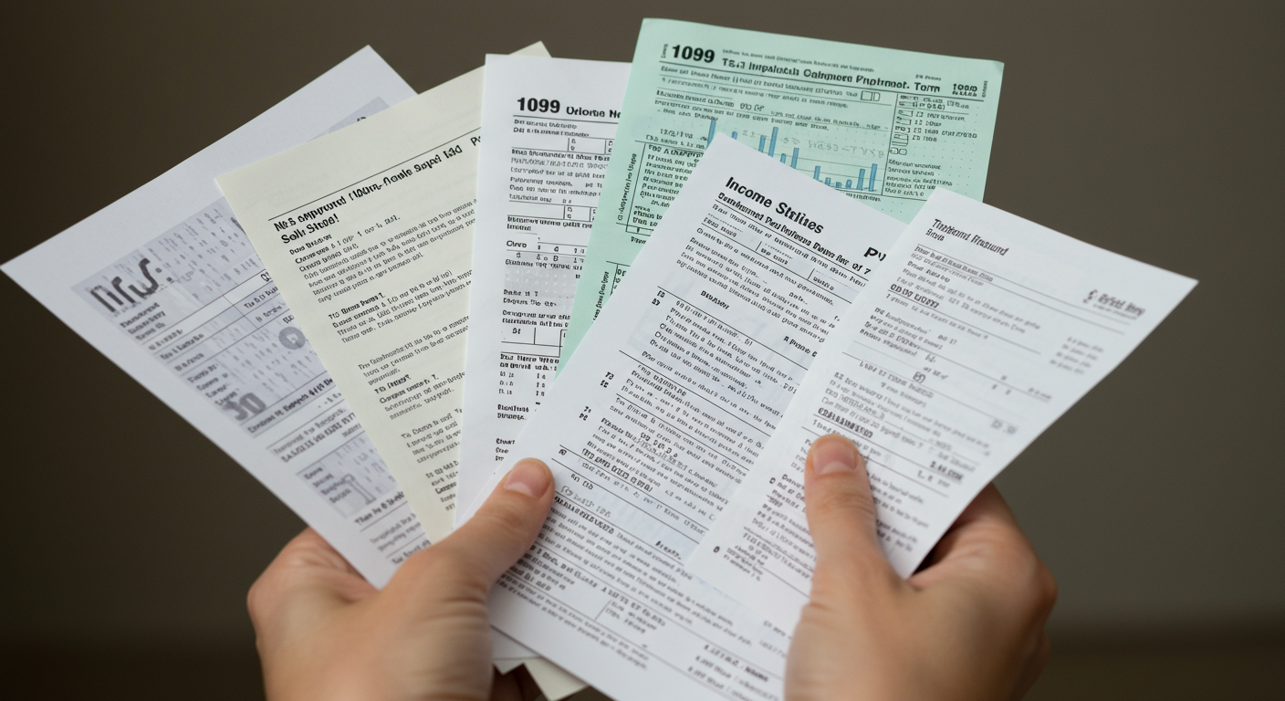 다양한 직종을 나타내는 급여명세서 및 세금증명서를 들고 있는 손