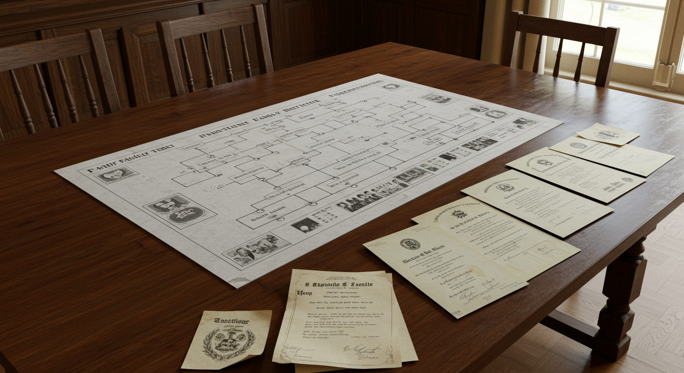 가계도 다이어그램과 함께 놓인 가족관계증명서 및 혼인관계증명서