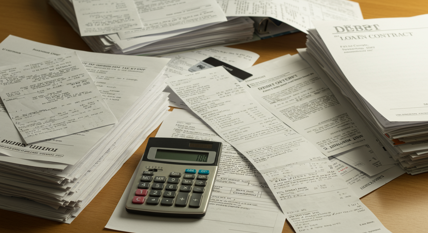 대출 계약서 및 신용카드 청구서를 포함한 부채 관련 문서들과 계산기