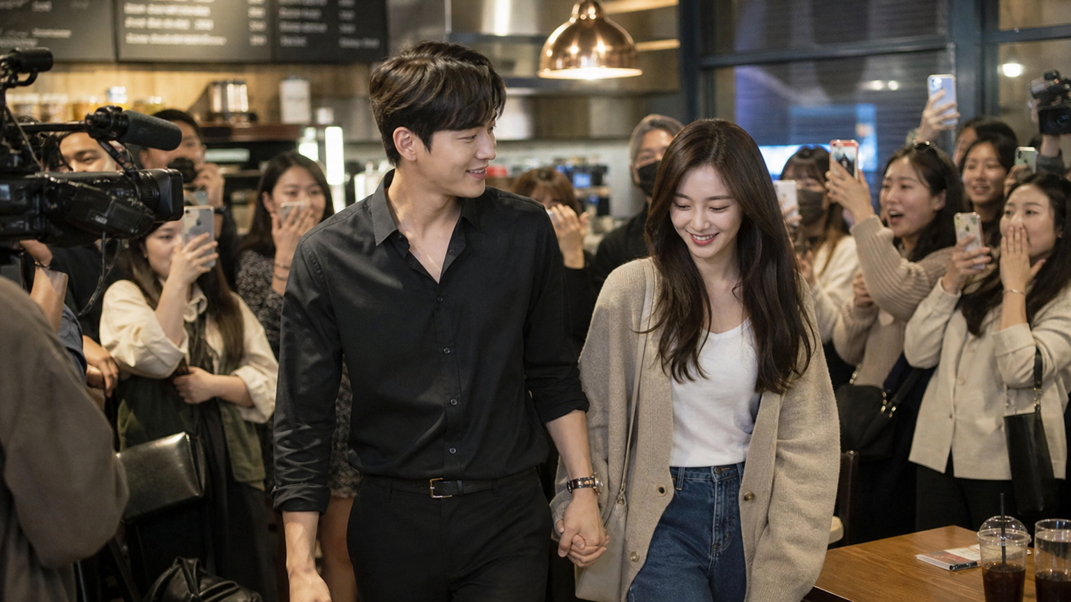 유명 커플이 카페에서 손을 잡고 있는 모습과 주위의 미디어 및 팬들