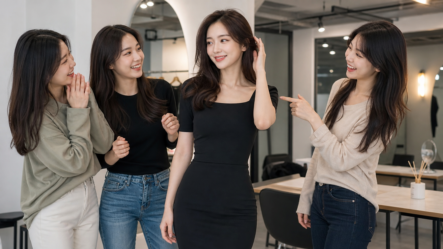 현대적인 스튜디오에서 스타일리시하게 변신한 여성이 친구들과 함께 있는 모습