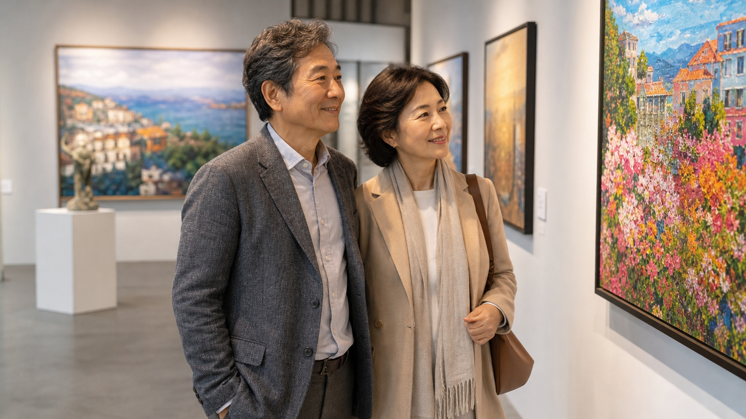 화사한 그림들로 가득 찬 갤러리에서 시간을 보내는 성숙한 커플