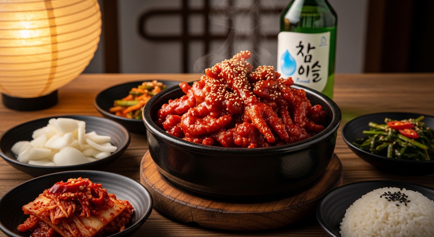 매콤한 소스가 듬뿍 발라진 한국식 닭발 요리가 다양한 사이드 메뉴와 함께 나무 테이블 위에 놓여 있는 모습
