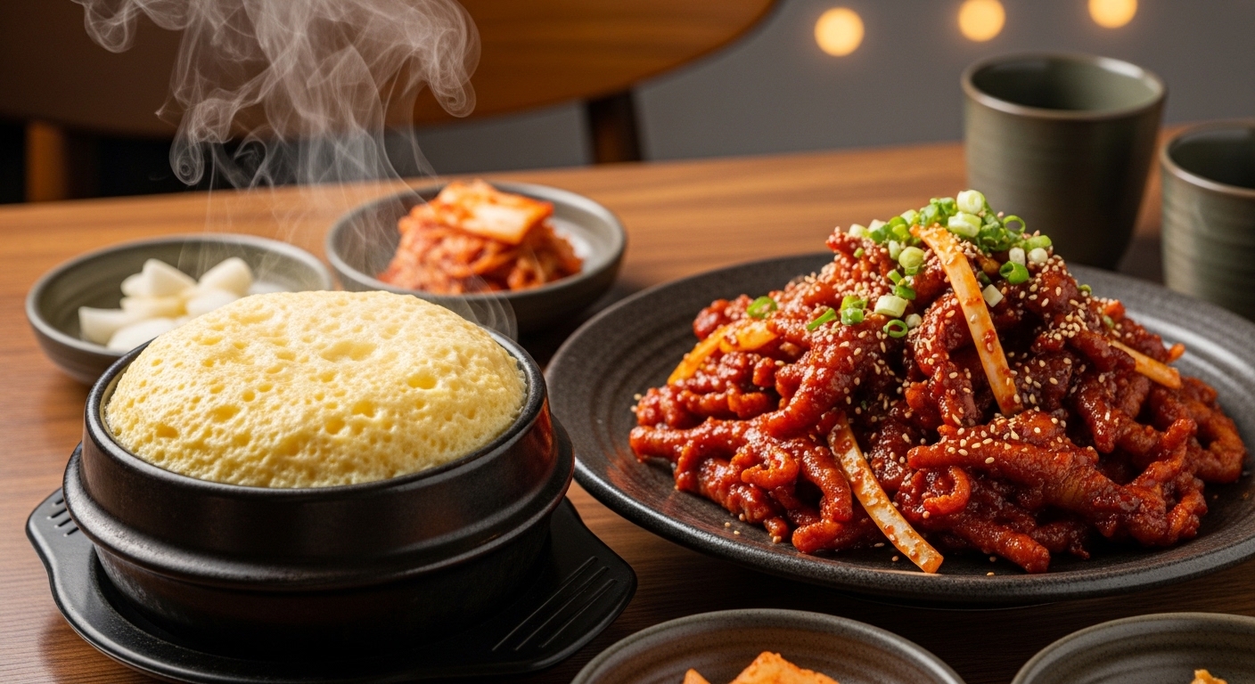 전통 한국식 솥에서 김이 모락모락 피어오르는 계란찜이 매운 닭발과 함께 식탁에 놓여 있는 모습