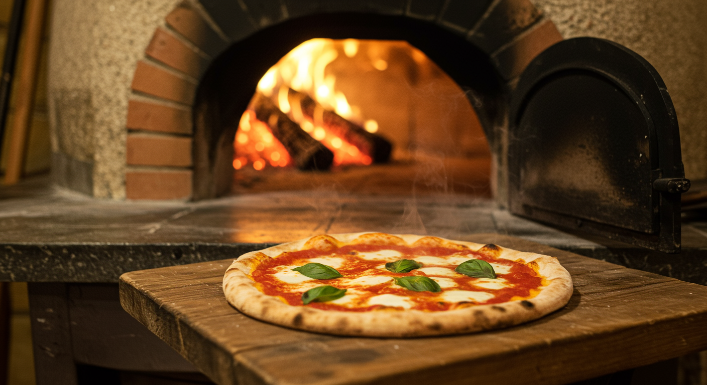 전통 화덕에서 막 꺼낸 마르게리타 피자가 놓인 모습, 따뜻한 색감과 김이 나는 장면