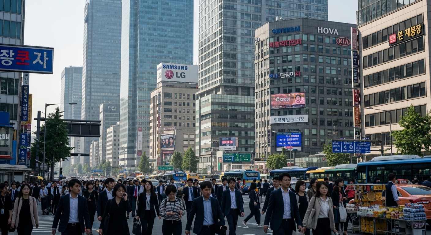서울의 고층 빌딩들 사이로 다양한 직종의 사람들이 거리를 걷는 바쁜 도시 환경