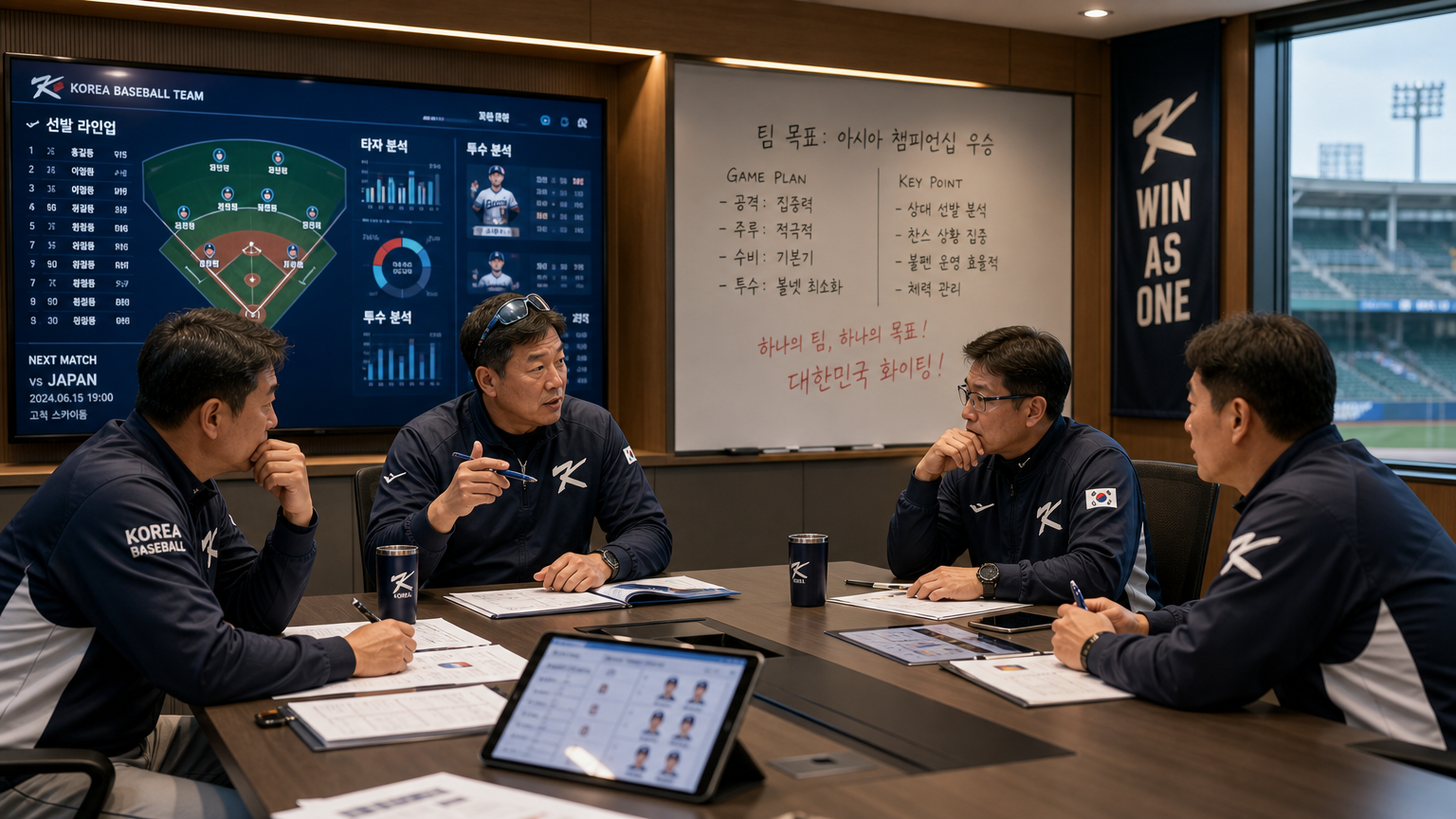 현대적인 회의실에서 전략과 선수 영입에 대해 토론하는 한국 야구팀 관리자들