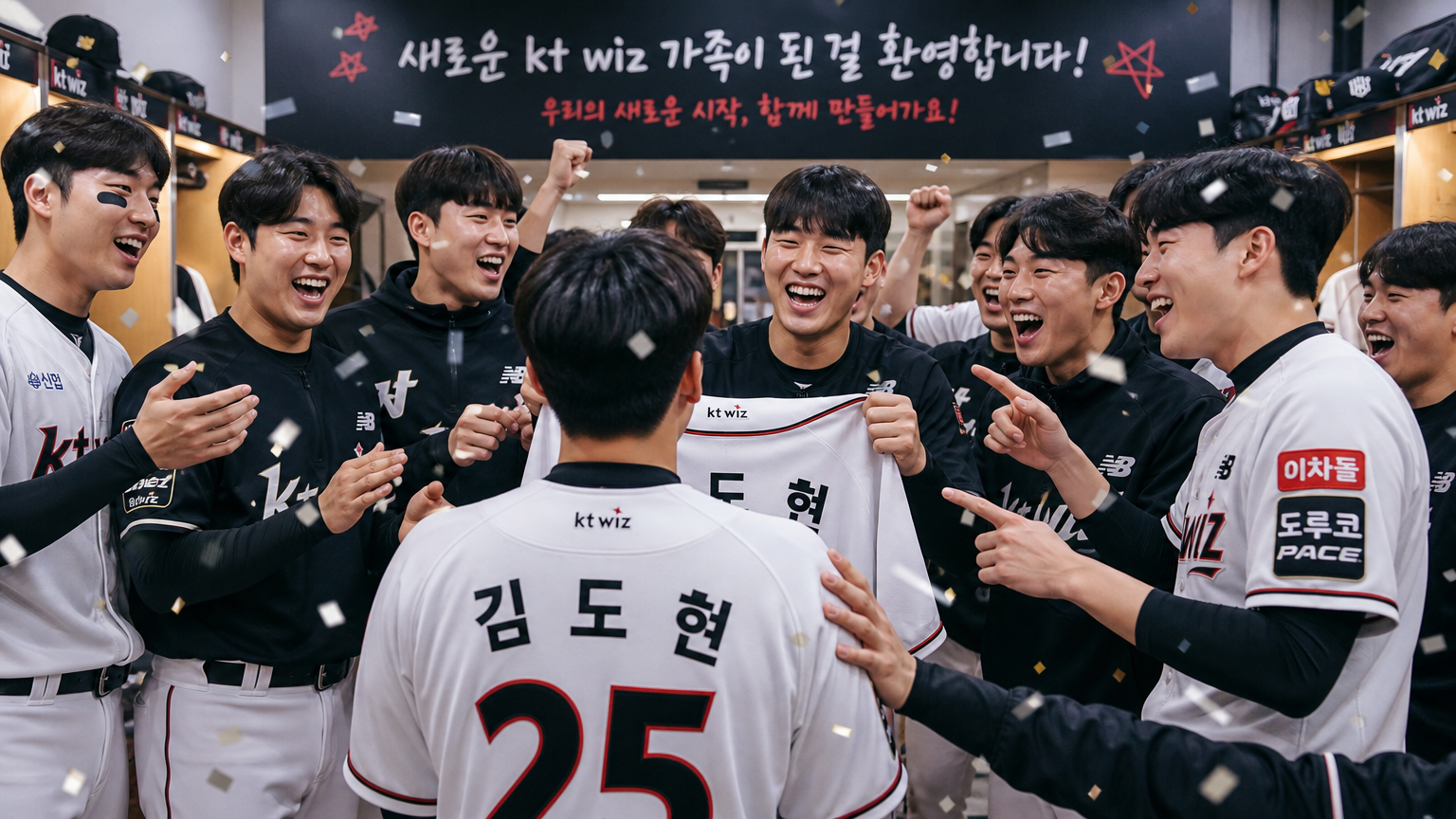 라커룸 환경 속에서 새로운 팀원 합류를 축하하는 야구선수들