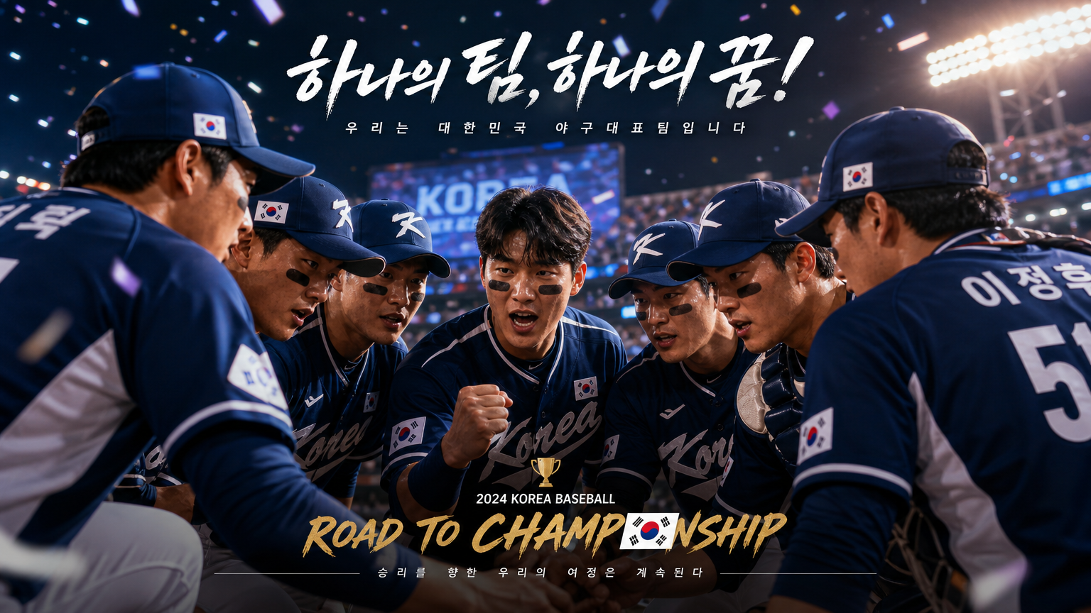 챔피언십 우승을 위해 전략을 세우며 결단력과 에너지를 보여주는 한국 야구팀