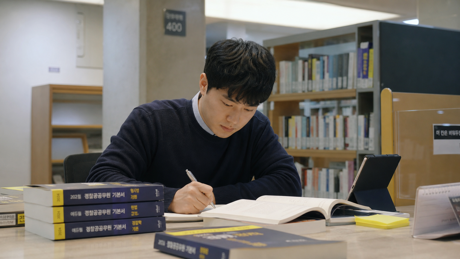 현대적인 도서관 책상에서 경찰 시험 준비 서적과 함께 공부하는 한국 성인 학습자