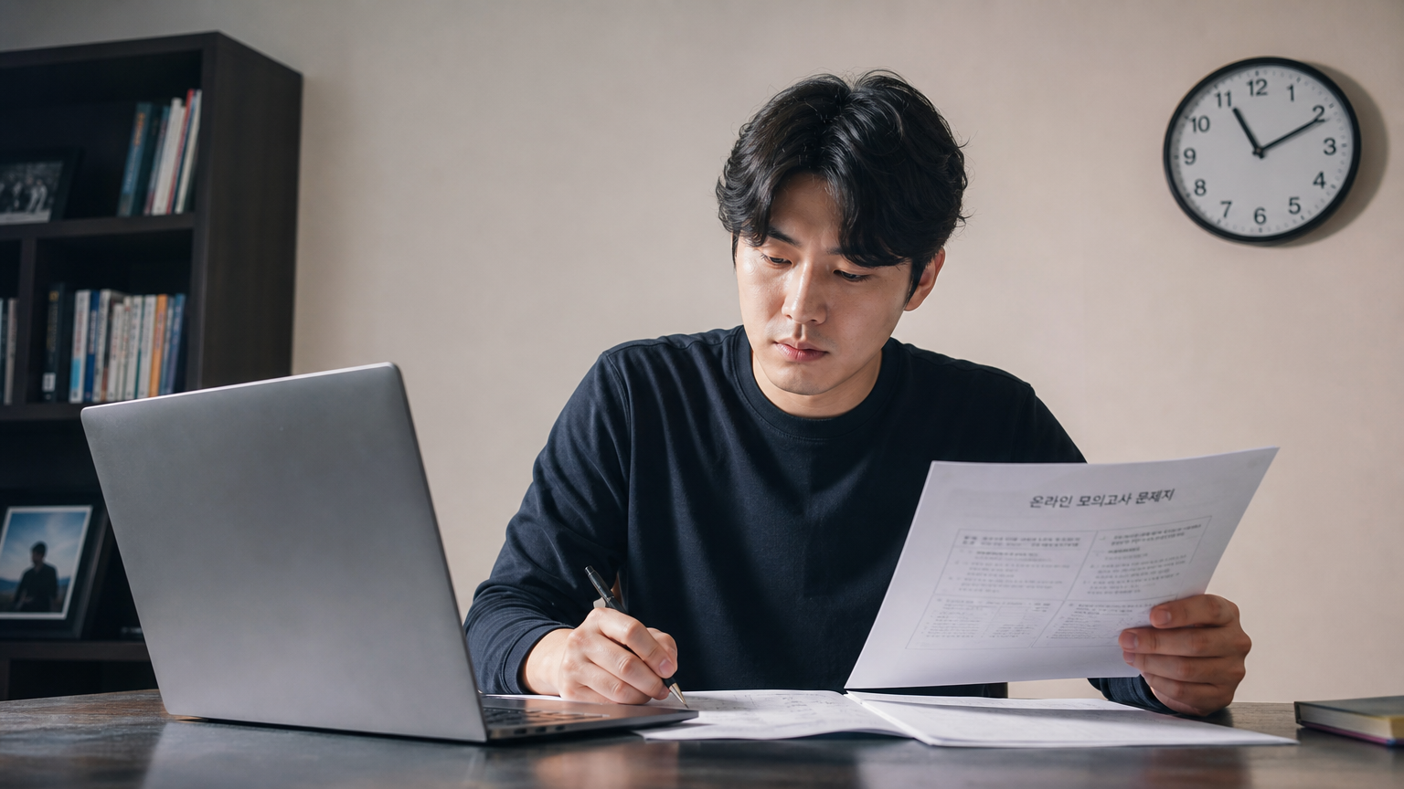 집에서 노트북과 인쇄물을 통해 모의시험을 보는 한국 직장인의 모습