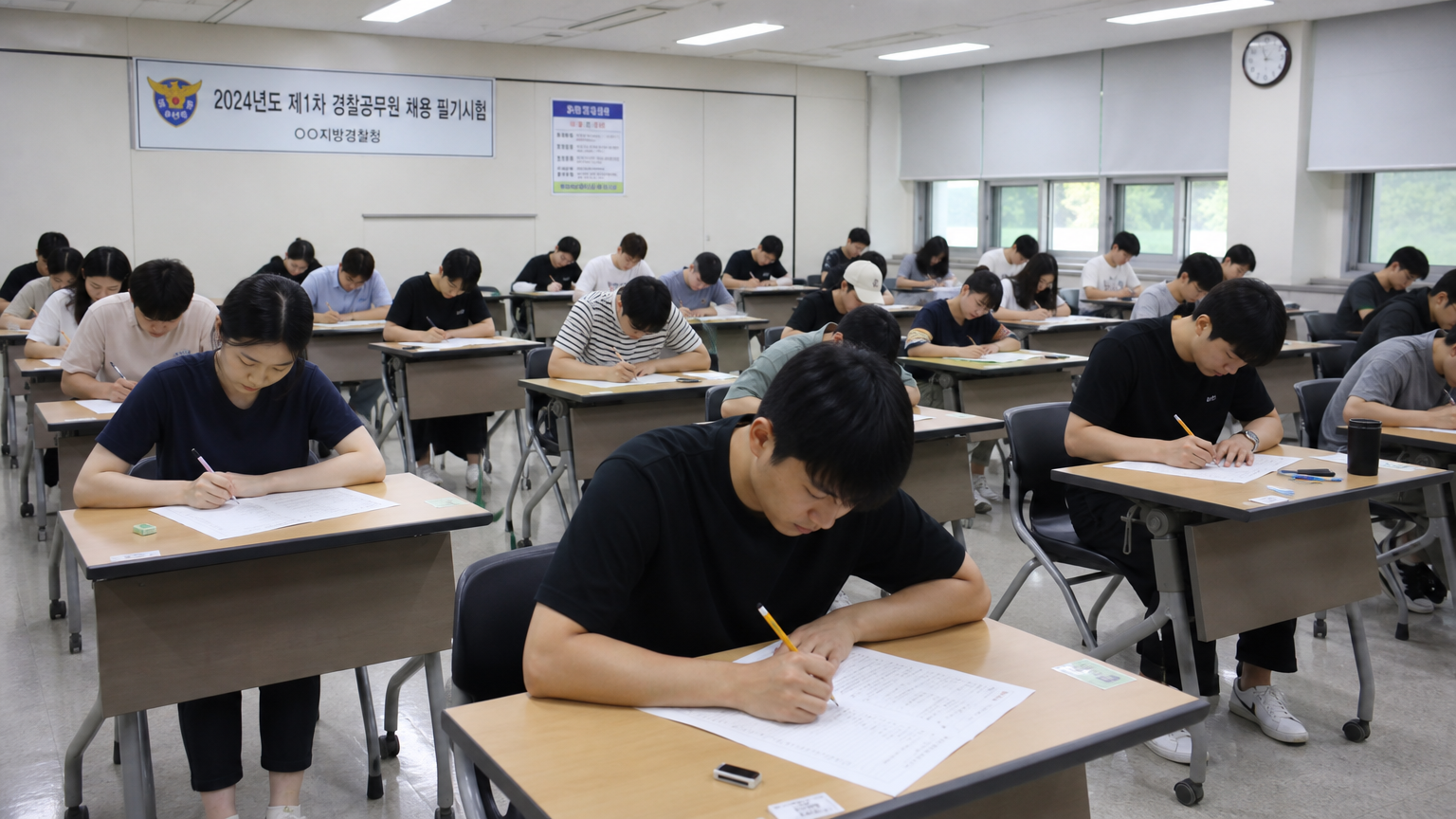 오프라인 시험장에서 진지하게 경찰 모의시험을 치르는 다양한 한국 성인의 모습