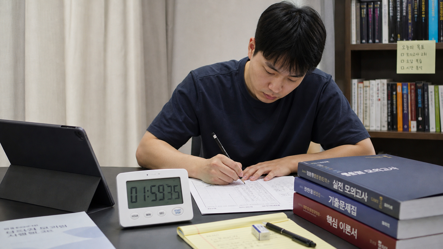 타이머와 OMR 시트를 사용하여 집에서 시간 관리를 연습하는 한국 성인의 모습