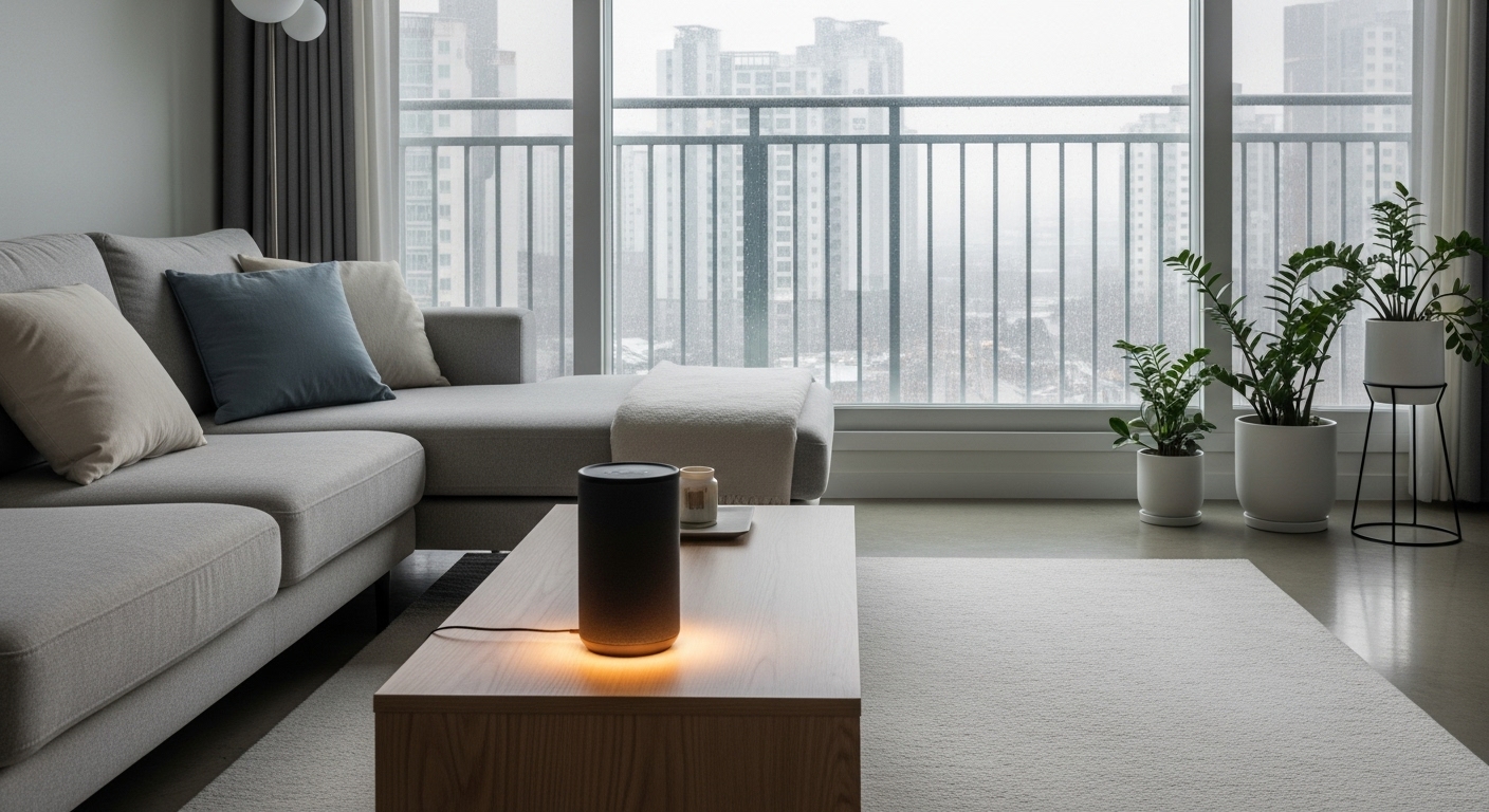 현대적인 한국 아파트 거실에서 창밖으로 비와 눈이 내리고 있으며, 나무 테이블 위에 놓인 세련된 스마트 스피커가 은은한 빛을 발산하는 아늑한 분위기.
