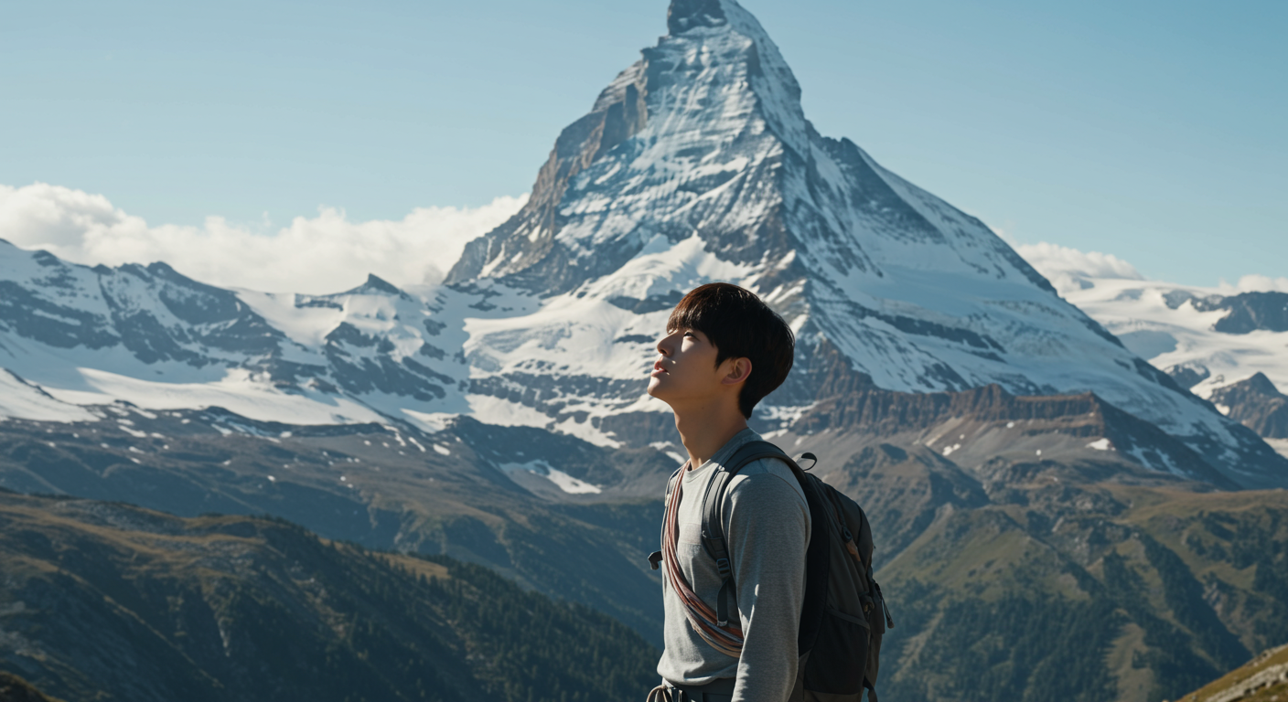 현대 한국인이 산 기슭에 서서 결단력과 기대감으로 정상 위를 바라보는 모습
