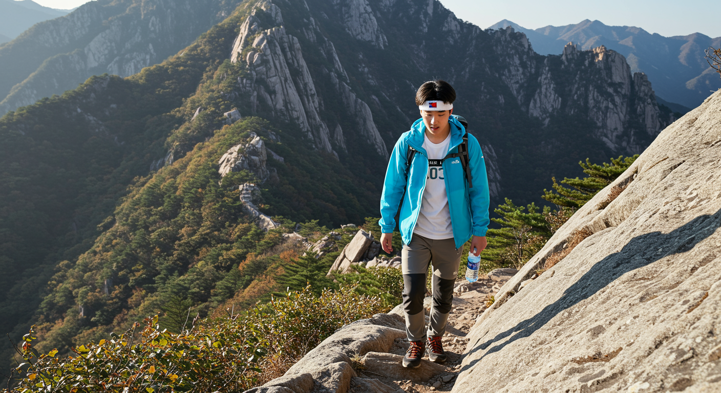가파른 산길을 홀로 등반하며 개인 성장과 학업에 전념하는 한국 학생