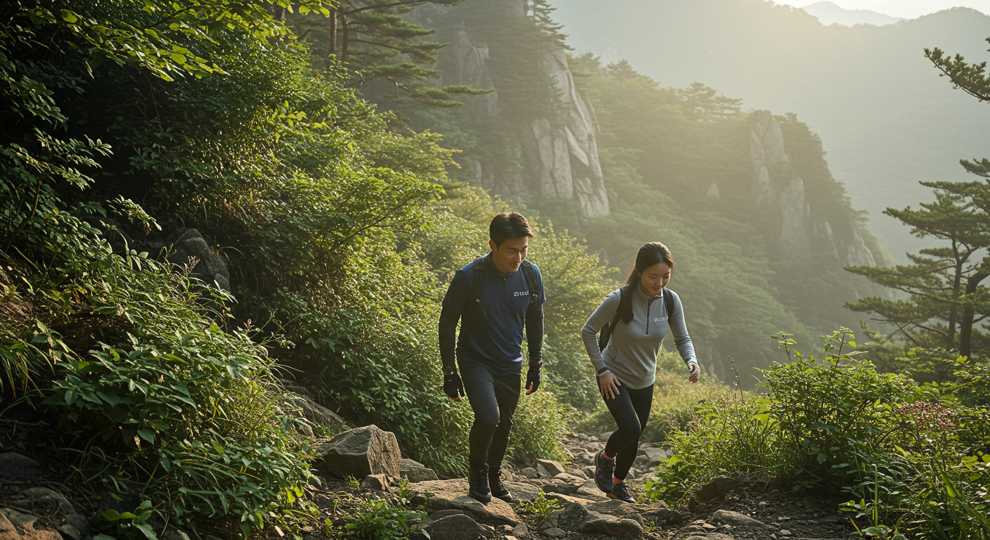 두 명의 한국 직장인이 함께 산을 올라가는 모습으로 팀워크와 인간관계 개선 강조