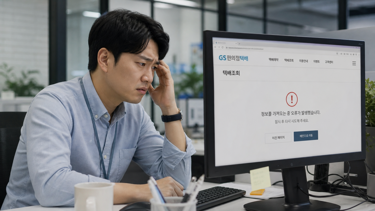 현대적인 사무실에서 GS편의점택배 조회 오류 메시지를 보고 있는 한국인 직장인의 모습