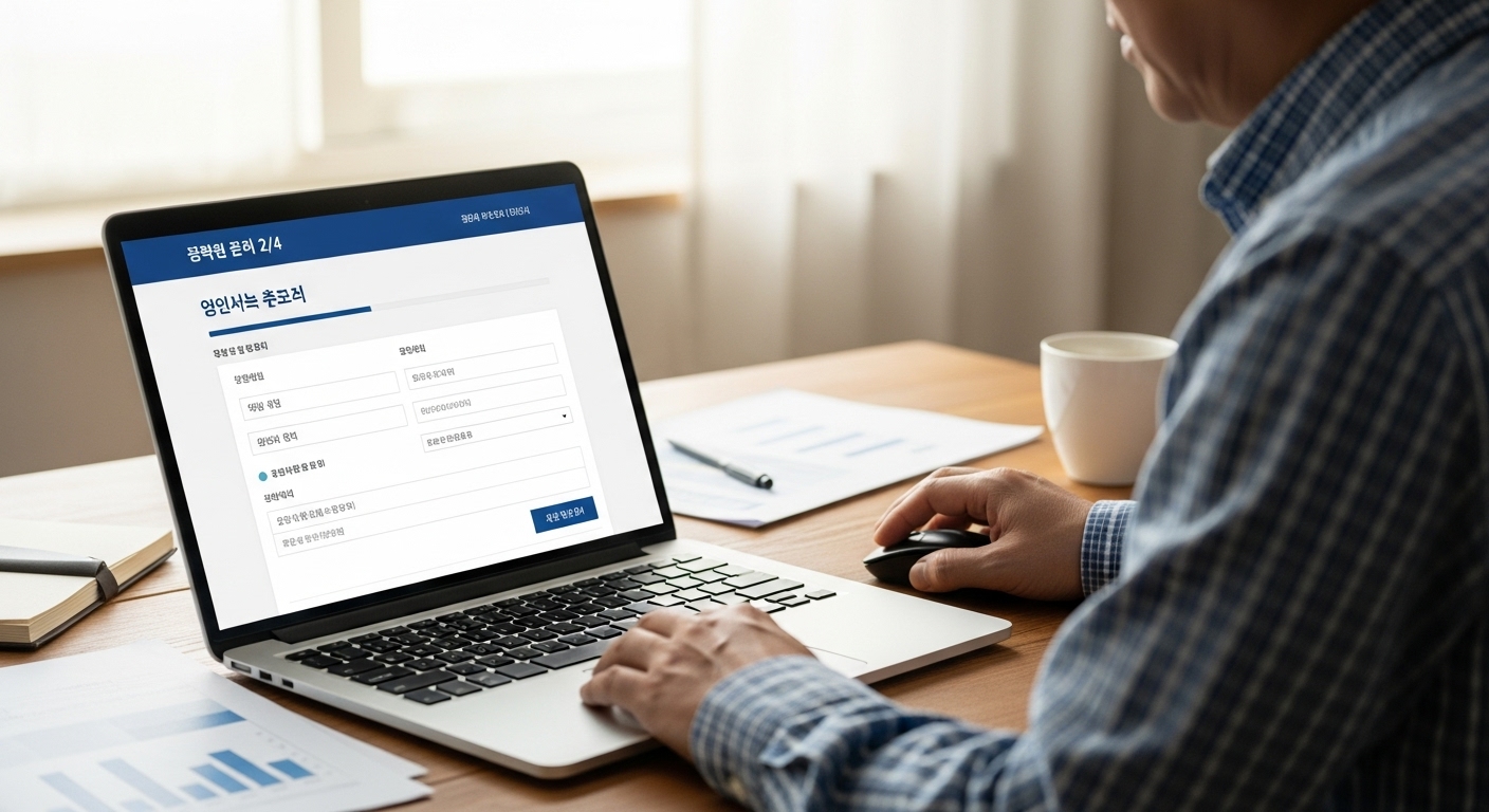 노트북으로 온라인 신청서를 작성하는 모습과 화면에 보이는 웹사이트 인터페이스