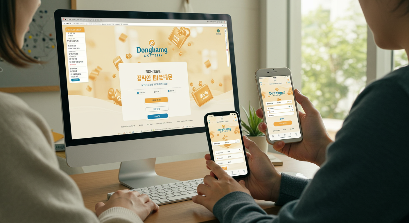 PC와 스마트폰으로 동행복권 웹사이트와 앱에 접속하여 회원가입하는 한국 사람들
