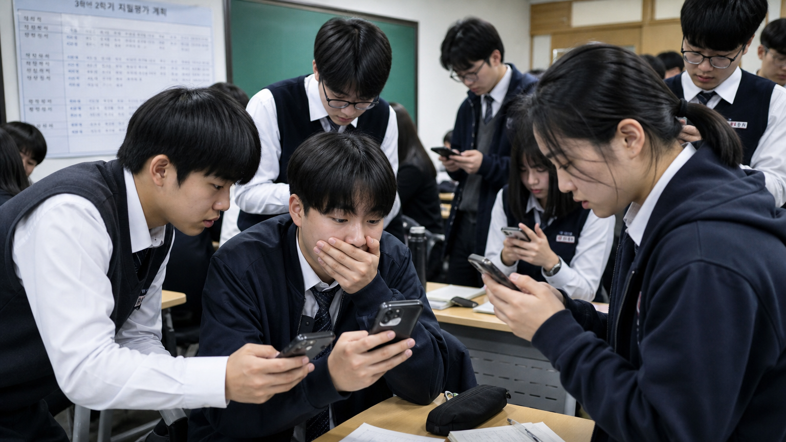 교실에서 스마트폰으로 실시간 등급컷을 확인하는 고등학생들