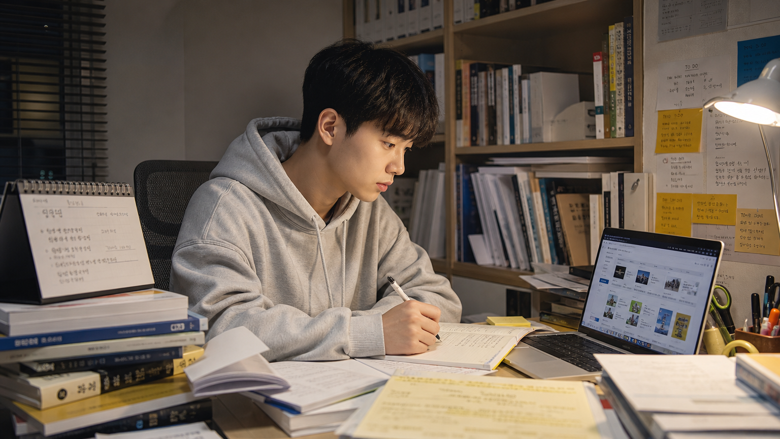 책상 위에 교재를 펼쳐놓고 학습 전략을 세우는 학생