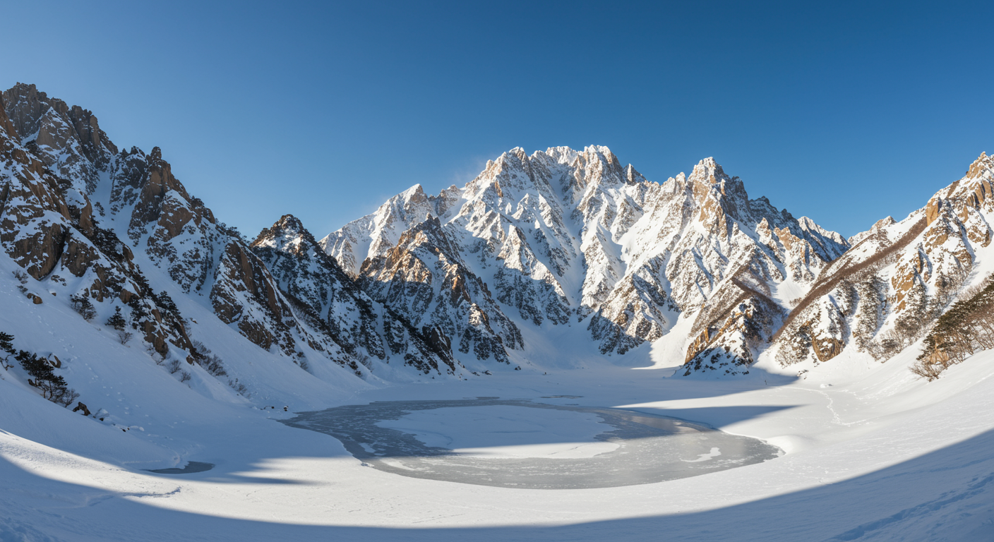 맑은 하늘 아래 하얀 눈으로 덮인 설악산의 장엄한 풍경