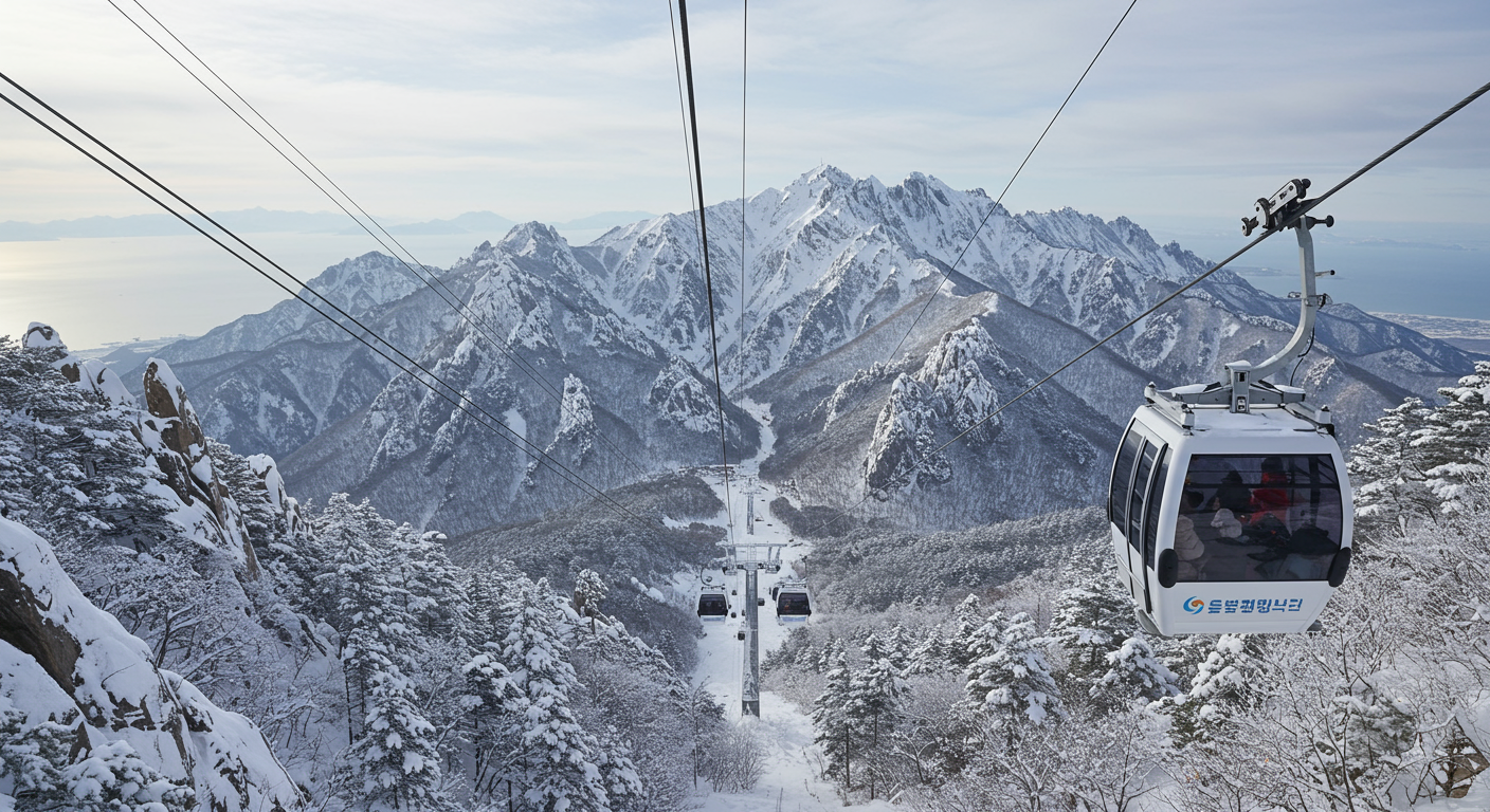 눈 덮인 산을 오르는 설악산 케이블카와 동해바다까지 보이는 파노라마 뷰