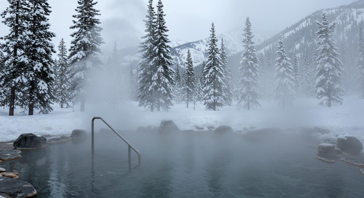 차가운 공기 속 김이 피어오르는 야외 온천과 주변의 설경
