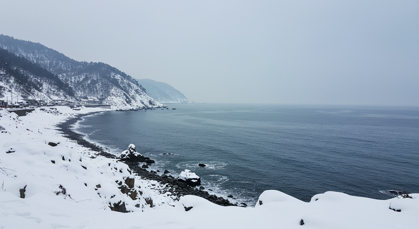 맑은 하늘 아래 눈 덮인 해안과 잔잔한 바다가 어우러진 화진포 풍경
