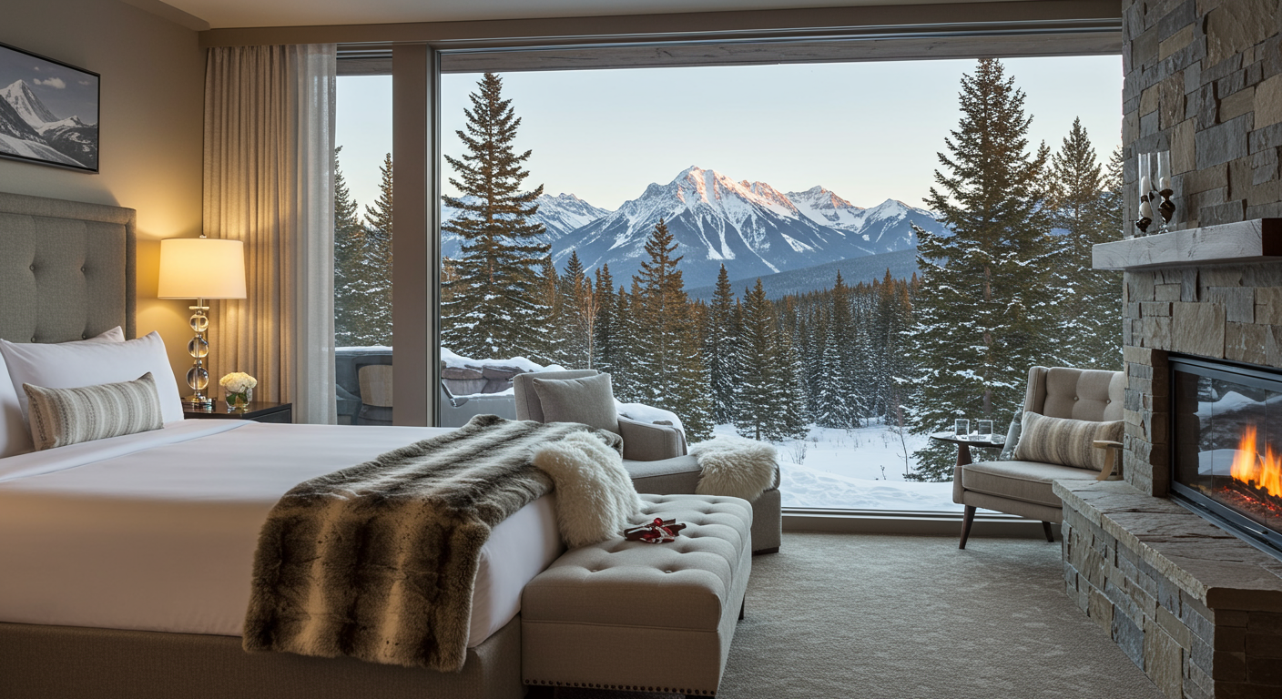 창밖으로 보이는 아름다운 겨울 풍경을 갖춘 파인리즈리조트 아젤리아스파의 고급 숙소