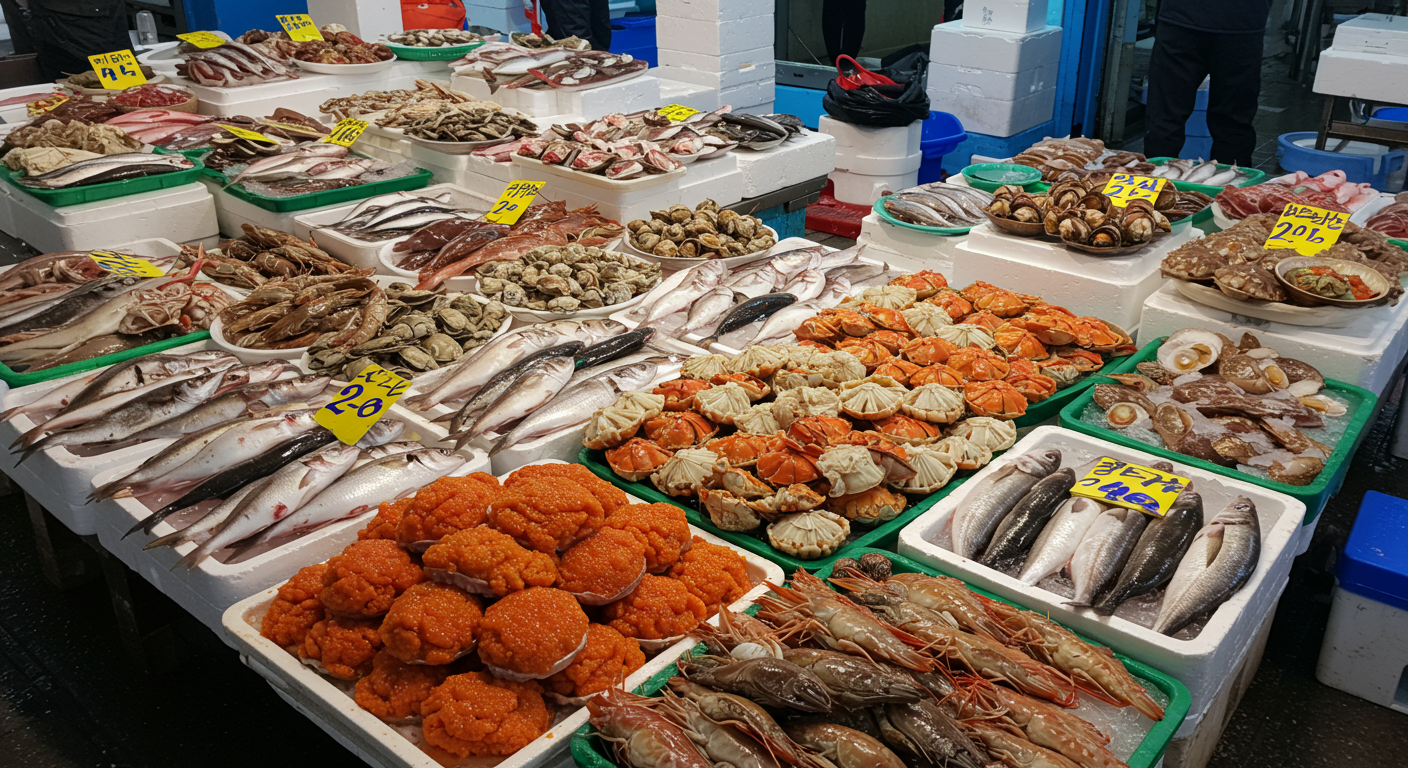 속초 중앙시장에서 신선한 해산물들과 제철 대게와 도루묵