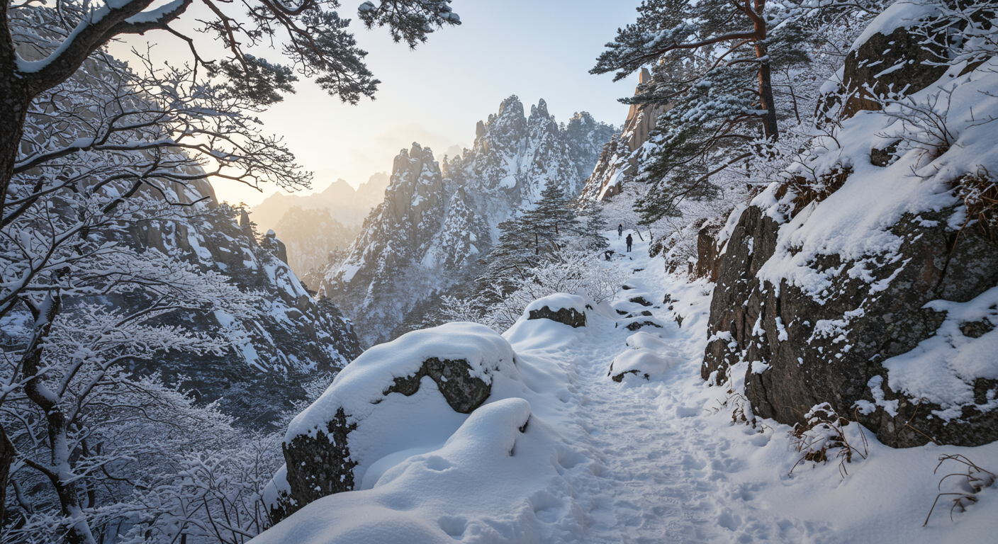 겨울철 울산바위 코스를 따라 걷는 눈꽃 트레킹 코스