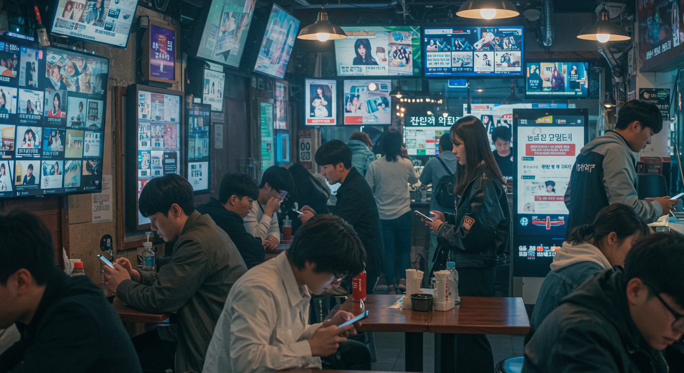 카페에서 스마트폰으로 소셜 미디어를 확인하는 한국 젊은이들, 주변에 뉴스 기사와 알림이 표시된 디지털 스크린들이 있는 장면.