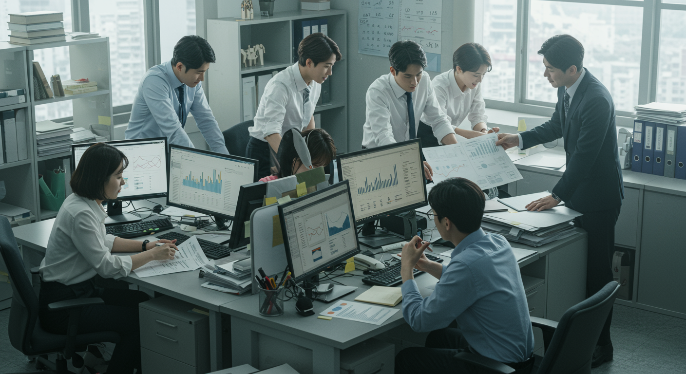 현대적인 사무실 환경에서 회계사들이 재무제표를 분석하고 있는 모습
