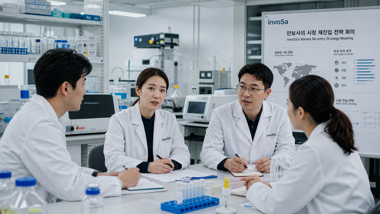 연구자들이 인보사의 시장 재진입 가능성을 논의하는 한국 실험실 장면