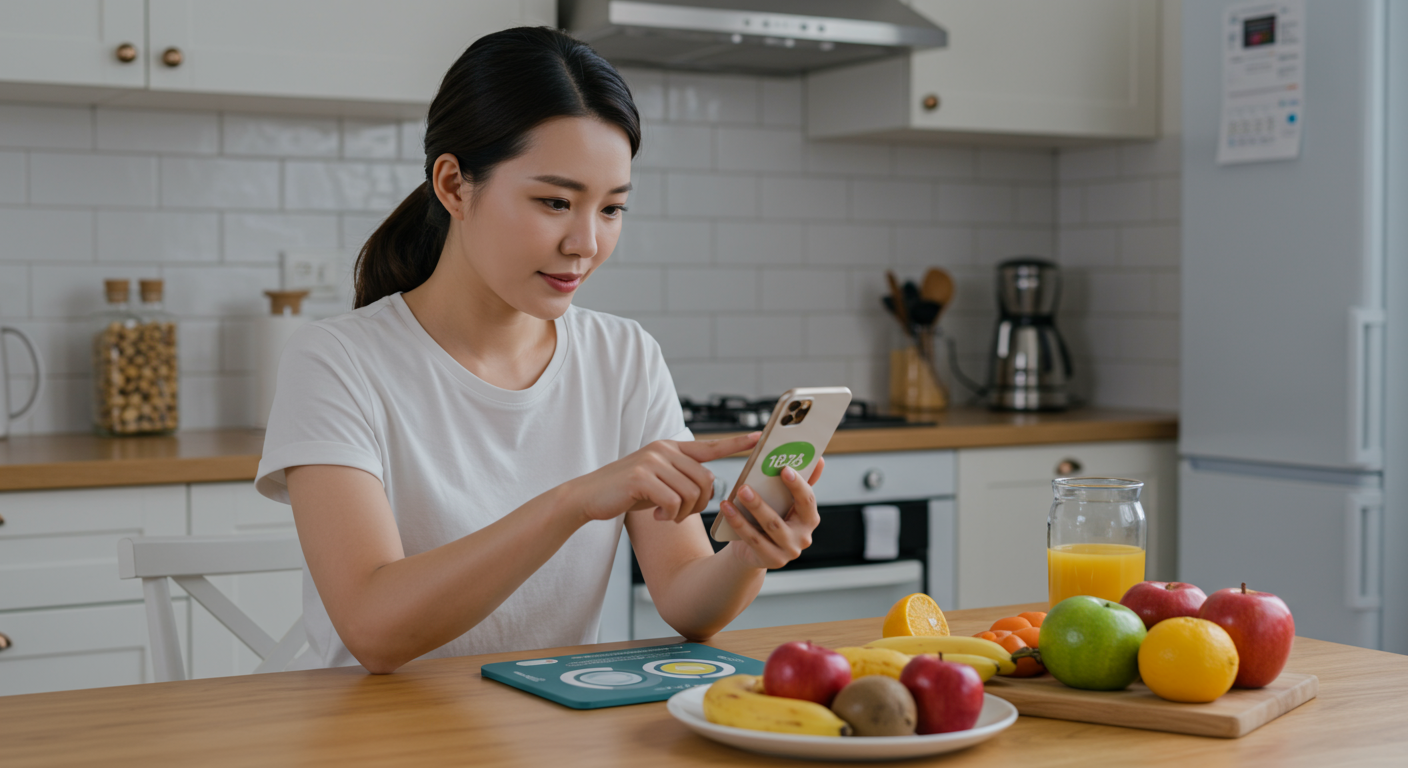 현대적인 주방 테이블에서 간헐적 단식 앱을 확인하는 여성과 건강한 음식들로 가득 찬 모습.