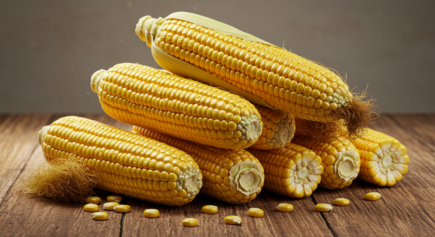 나무 주방 테이블 위에 쌓인 신선한 옥수수