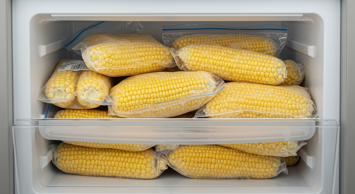 밀폐된 비닐봉투 안에 깔끔하게 정리되어 냉동실에 저장된 얼린 옥수수가 여러 개