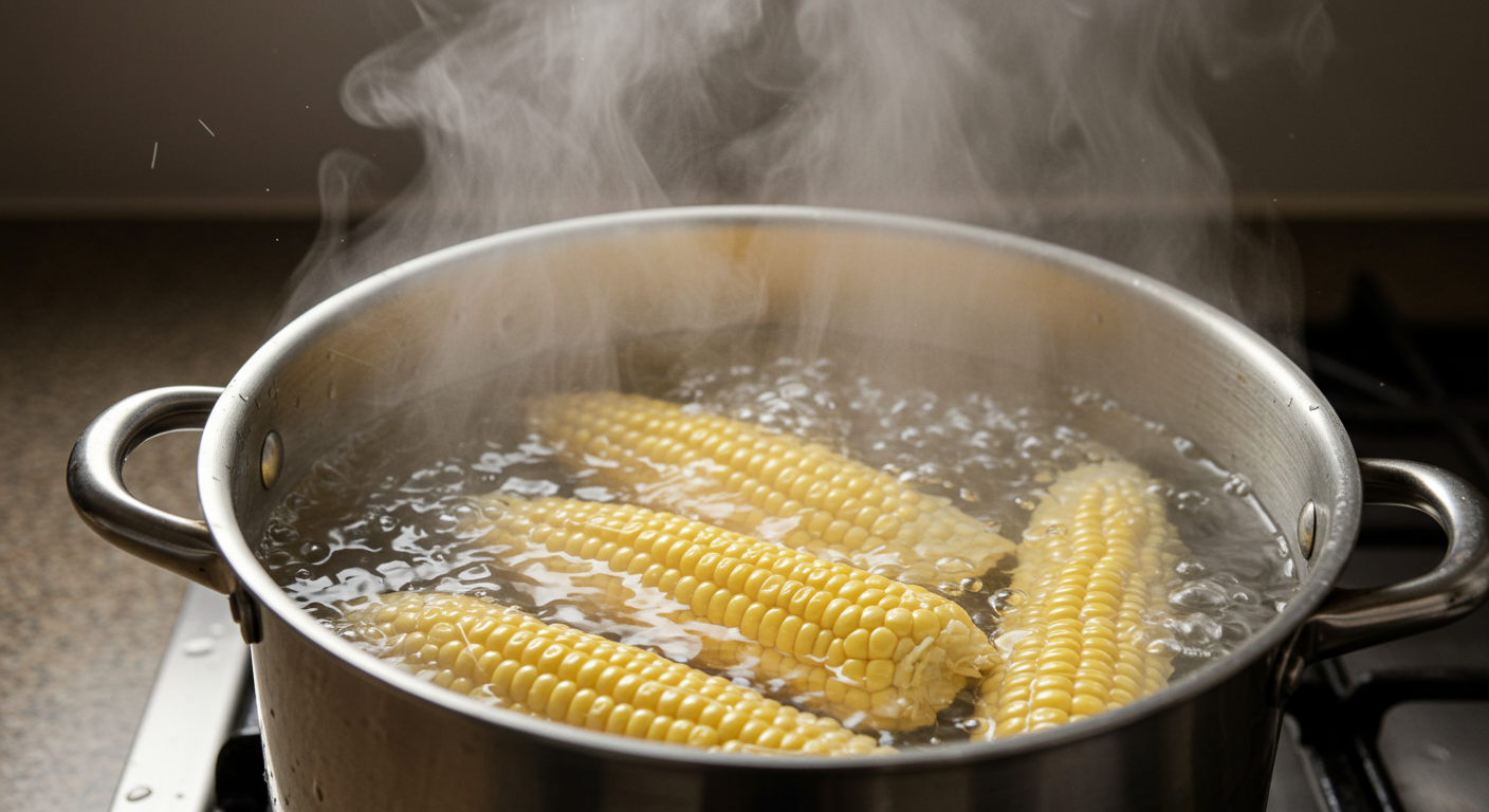 끓는 물에 살짝 데쳐지는 옥수수가 담긴 냄비에서 오르는 김