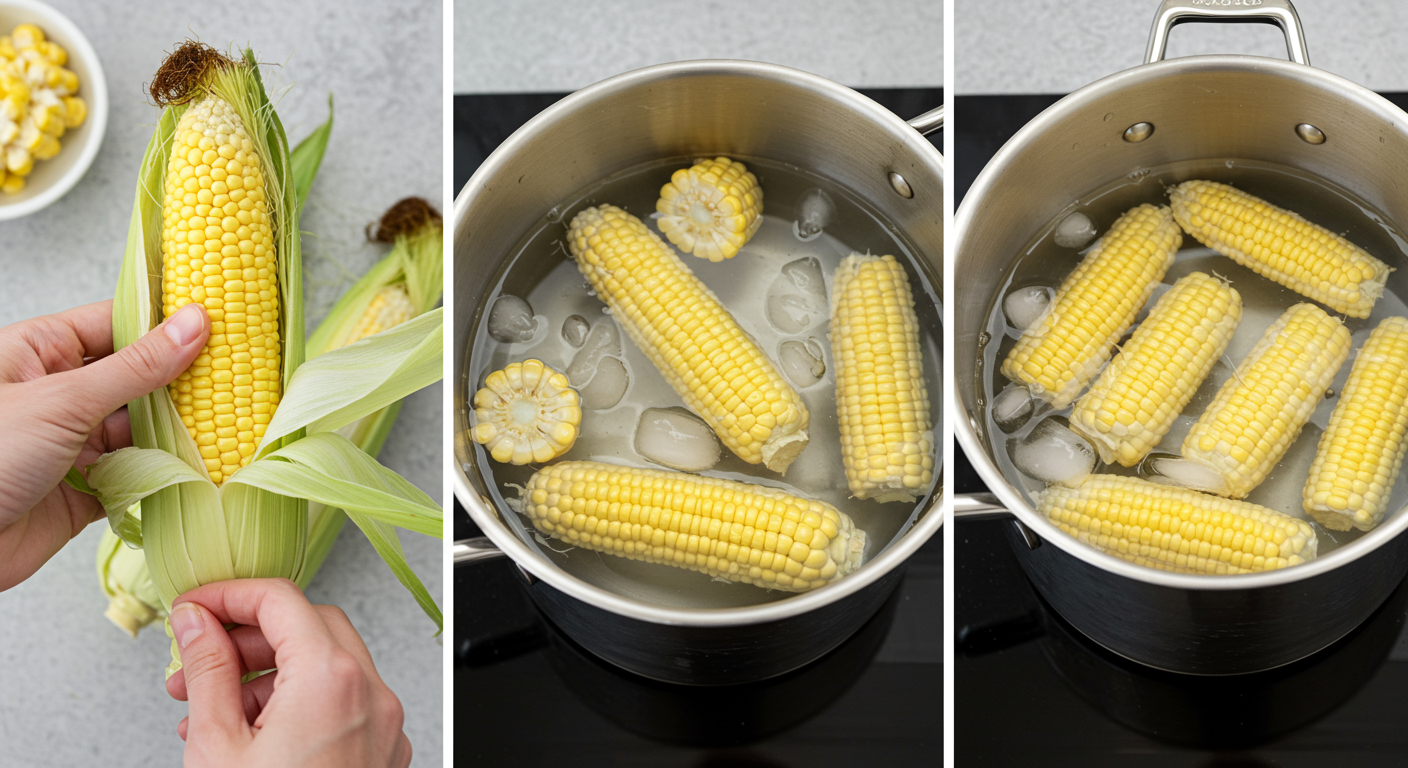 옥수수를 껍질 벗기고 데친 뒤 얼음물에 식히는 과정의 단계별 설명 이미지