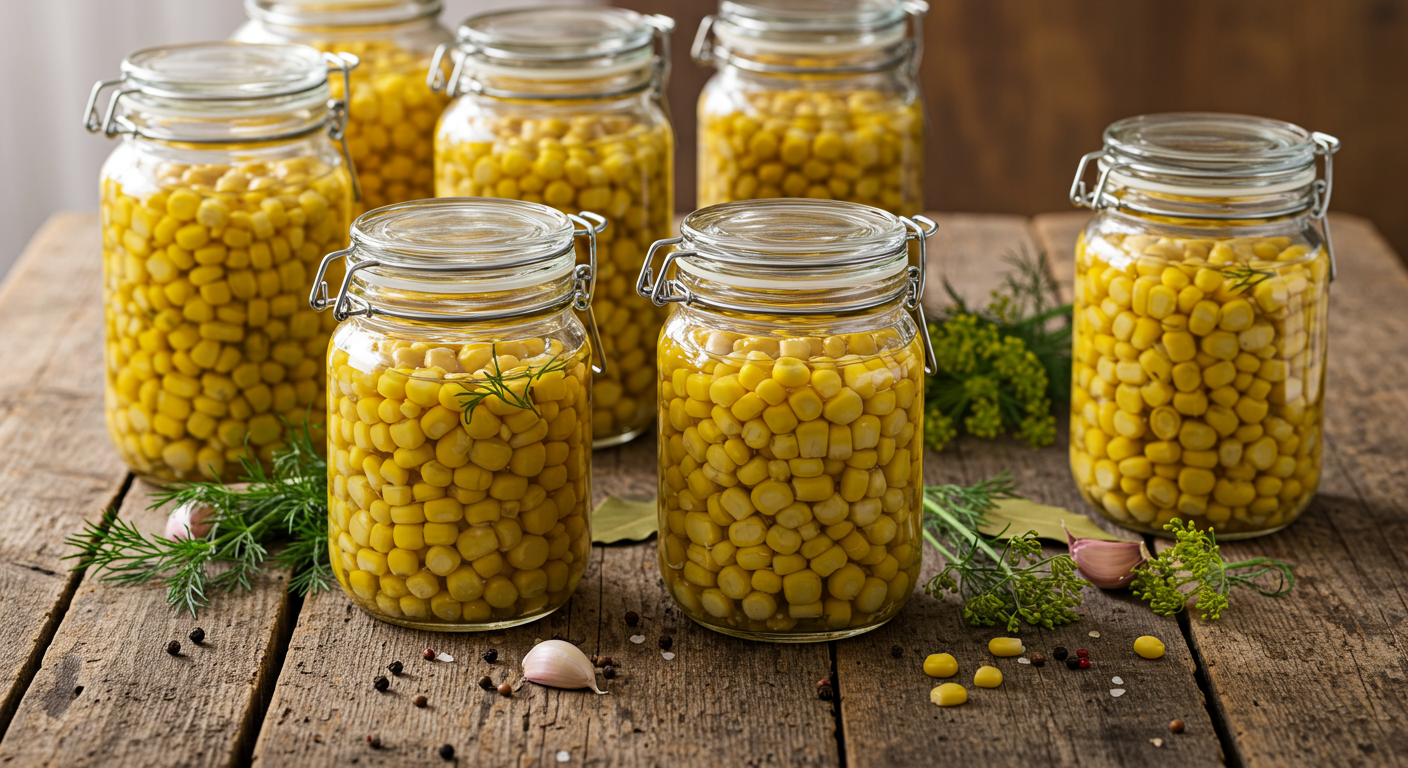 소금물과 함께 유리병에 담긴 옥수수가 놓인 주방 카운터
