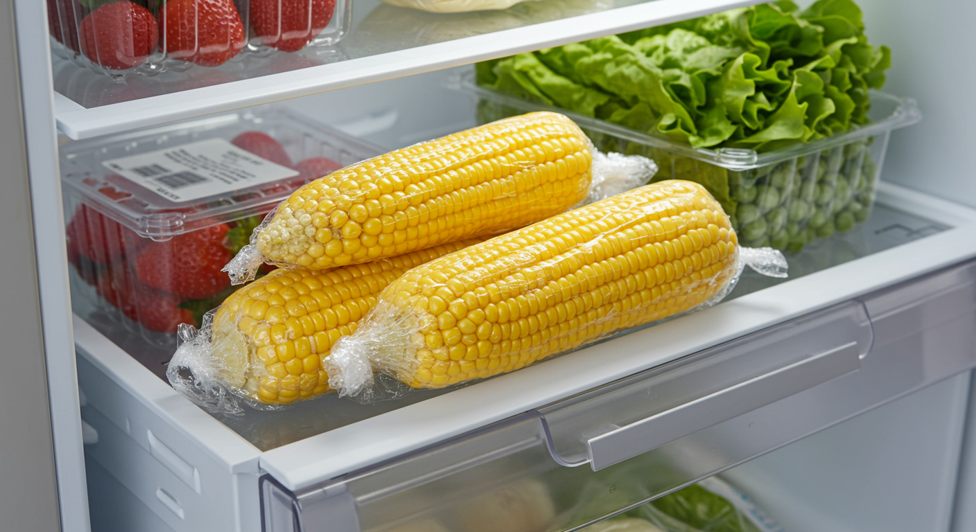 랩으로 싸여 냉장고 서랍 안에 있는 삶은 옥수수