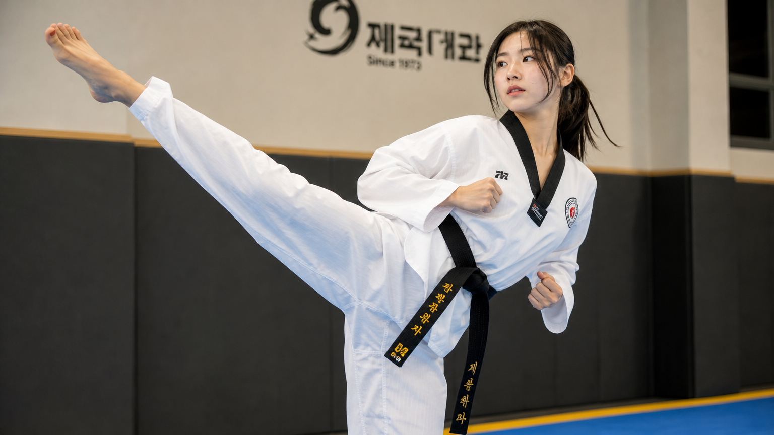 도복과 검은 띠를 두른 한국 여성이 체육관에서 태권도 발차기를 연습하는 모습